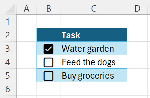 Microsoft Excel example showing a short task list with checked and unchecked in-cell checkboxes