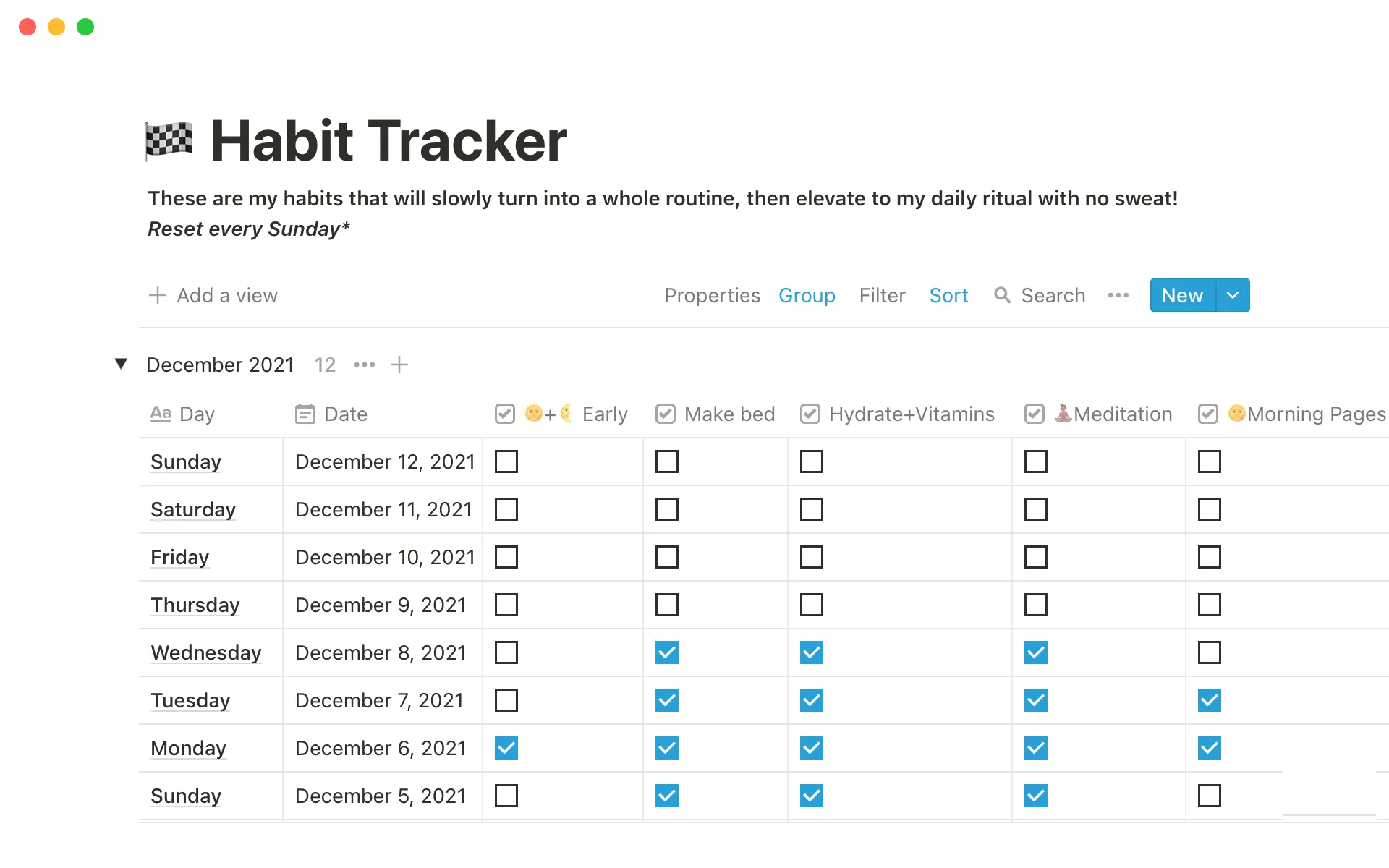 Notion Marketplace habit tracker preview showing dated rows, several habit checkbox columns, and a reflection column