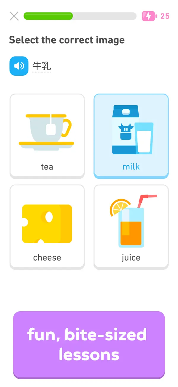 Duolingo language exercise asking the learner to select the correct image for milk