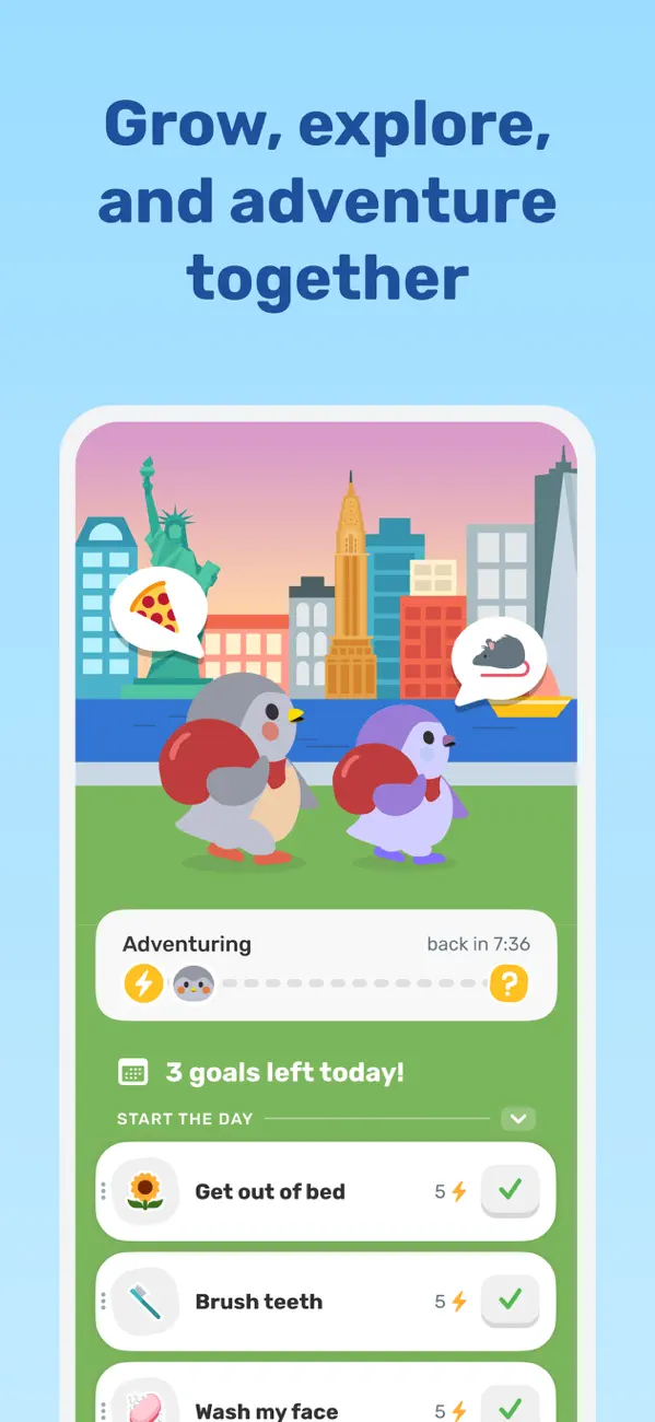 Finch adventure screen with three personal goals and completion buttons