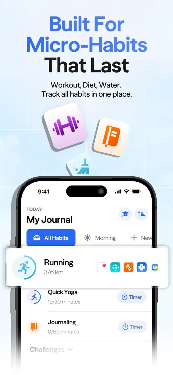 Habitify My Journal screen showing running, yoga and journaling habits