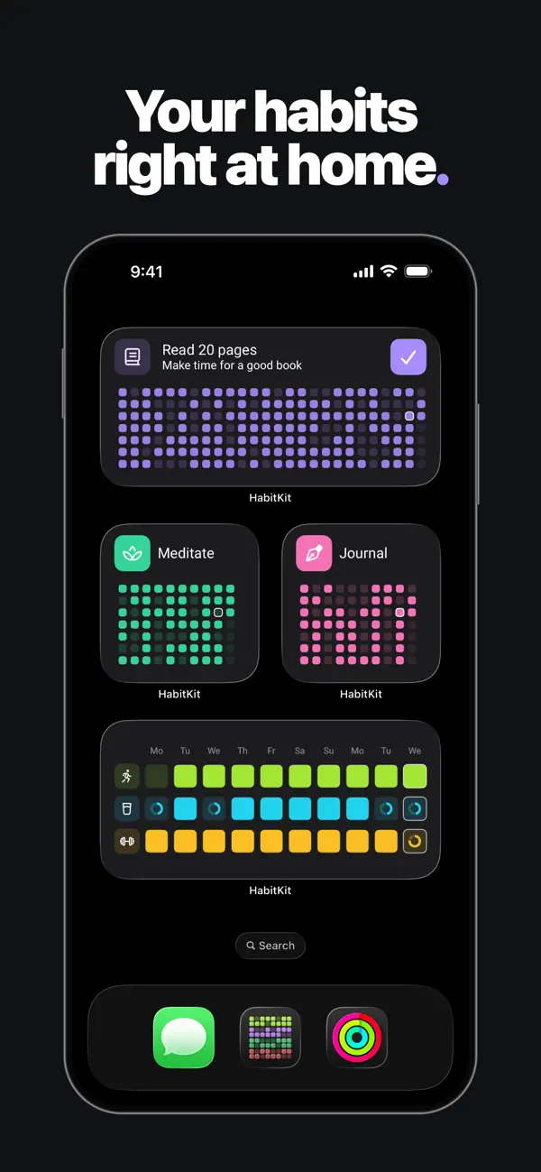 HabitKit iPhone home screen with single-habit and multi-habit widgets
