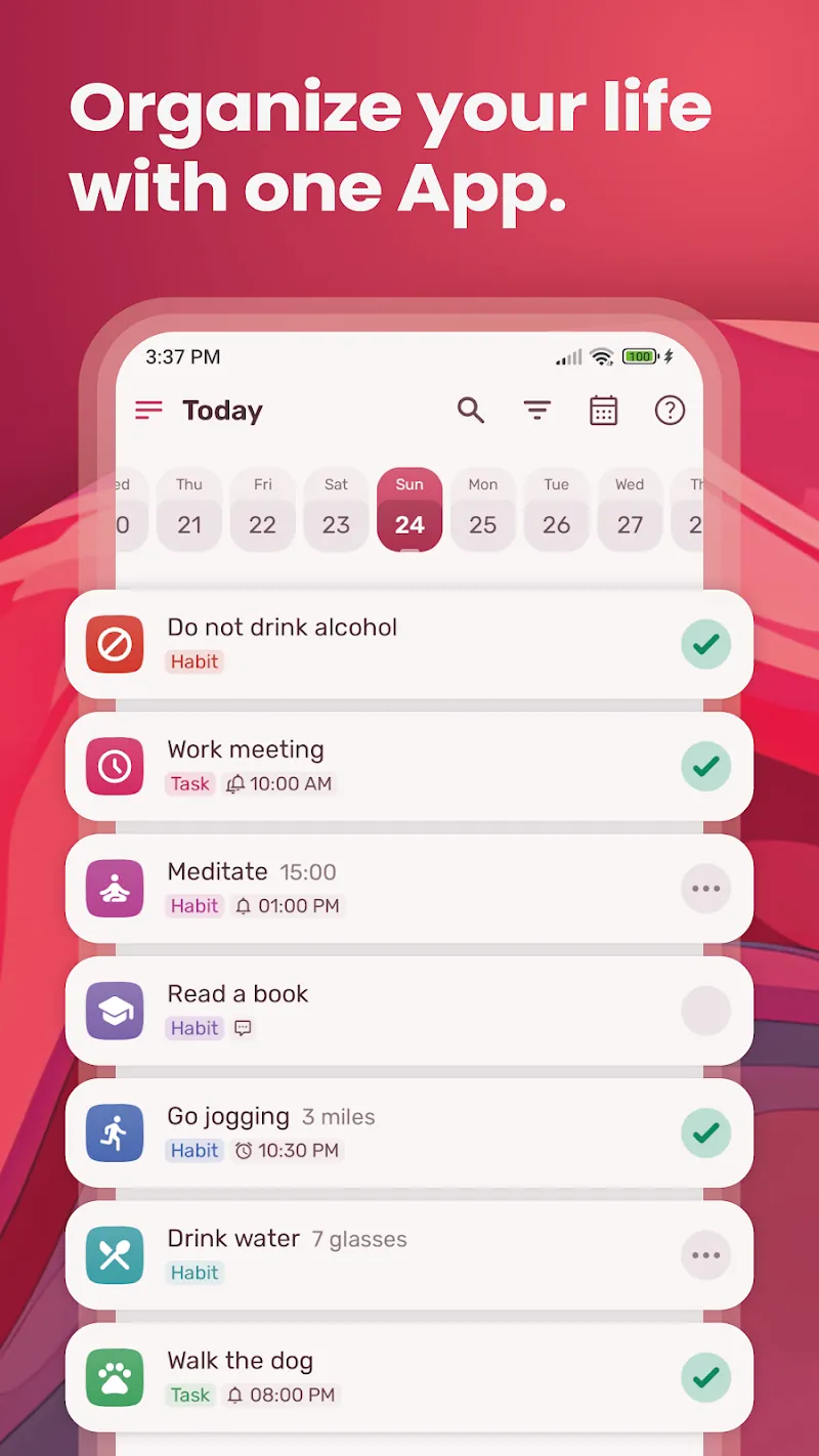 HabitNow Today list with habits, a meeting and completion values