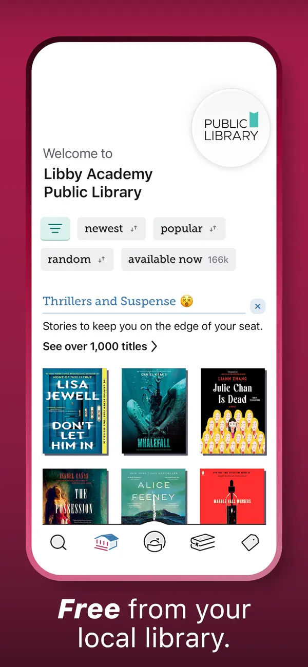 Libby library catalogue showing book covers, search and navigation controls