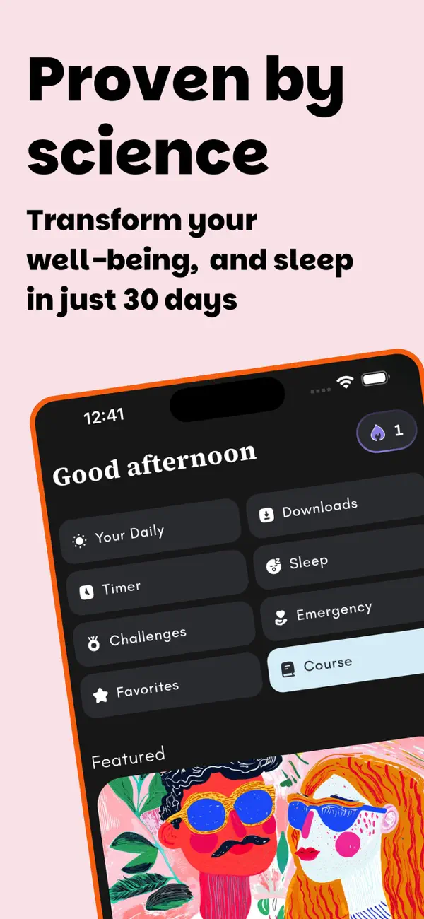 Medito home screen with timer, sleep, challenges, favourites and course options