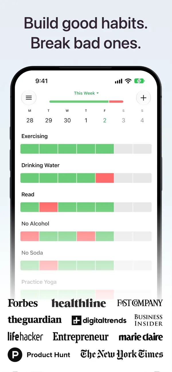 Way of Life habit list with green and red daily histories