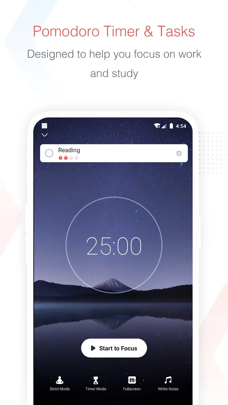 Focus To-Do task-linked Pomodoro timer set to 25 minutes