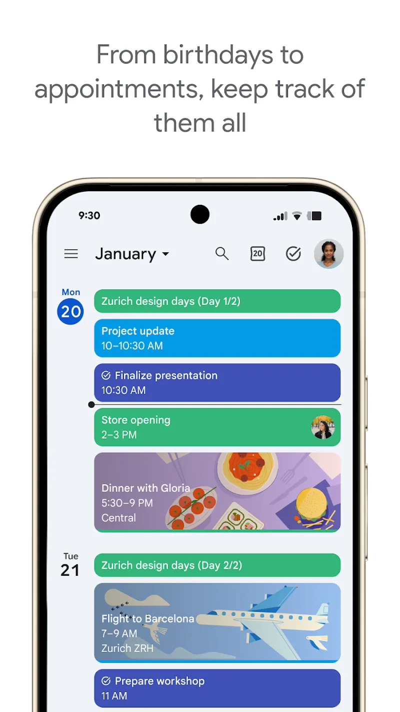 Google Calendar mobile agenda with scheduled events