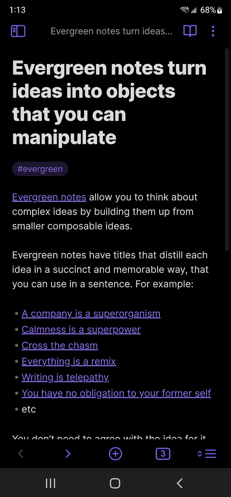 Obsidian mobile Markdown note with linked notes
