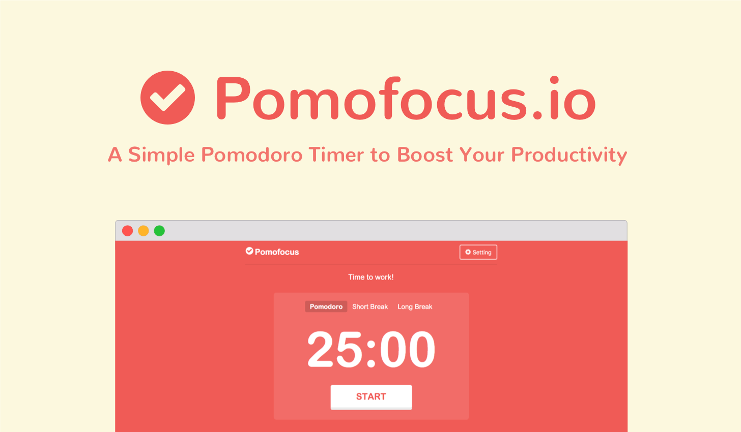 Pomofocus developer image showing the browser timer at 25 minutes with Start and break tabs