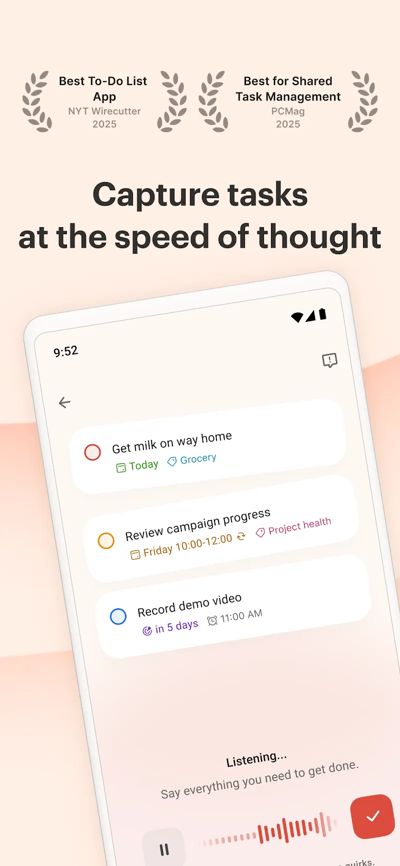 Todoist mobile task capture with a due date and project