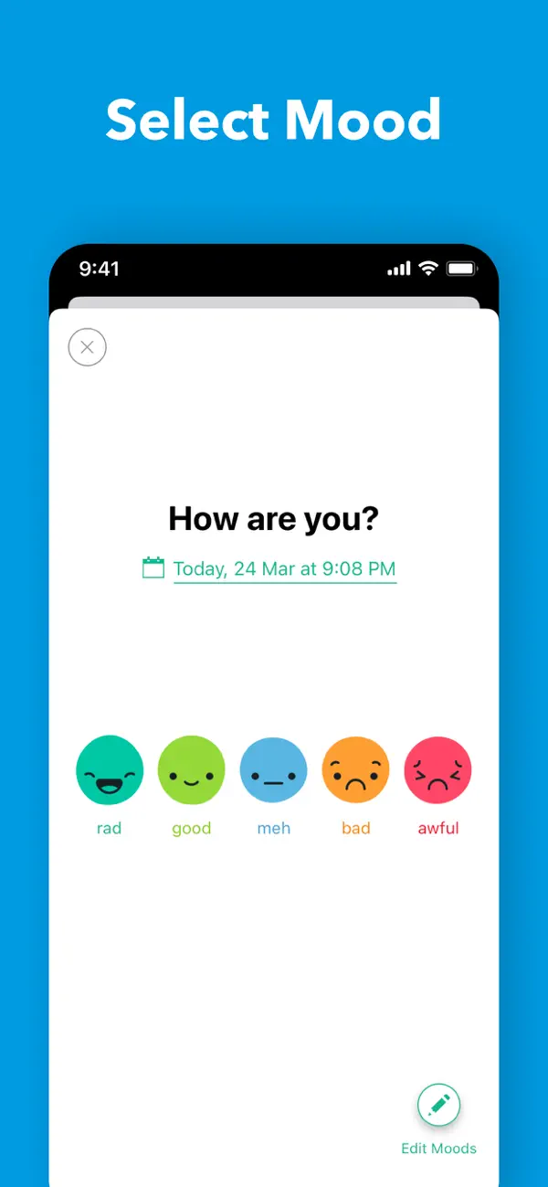 Daylio mood selection screen with five mood choices.