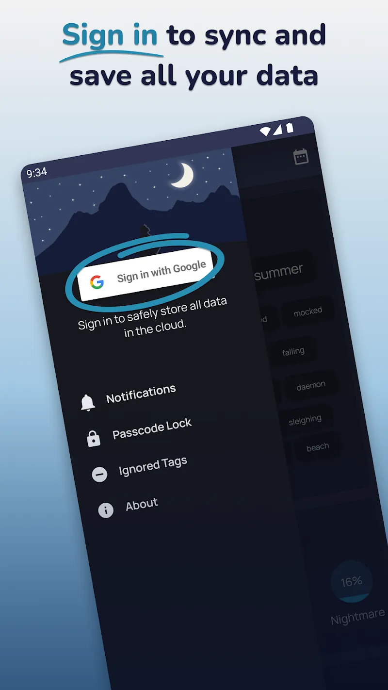 Dream Catcher settings with sign-in and sync options.