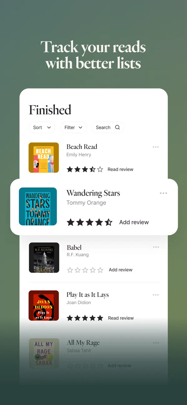 Fable finished-book list with book ratings.