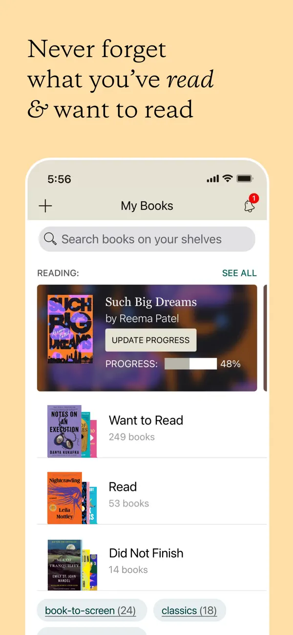 Goodreads My Books shelves with reading-status categories.