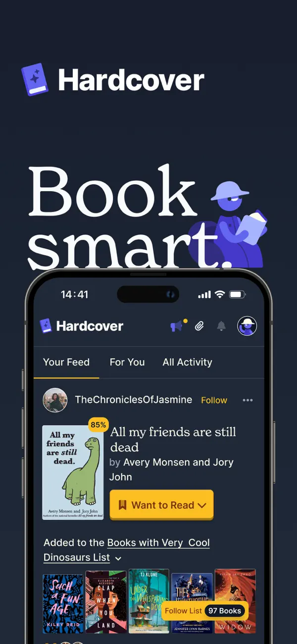 Hardcover book feed and reading-status controls.