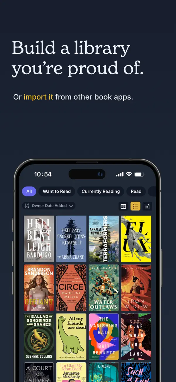 Hardcover library with book covers and reading-status tabs.