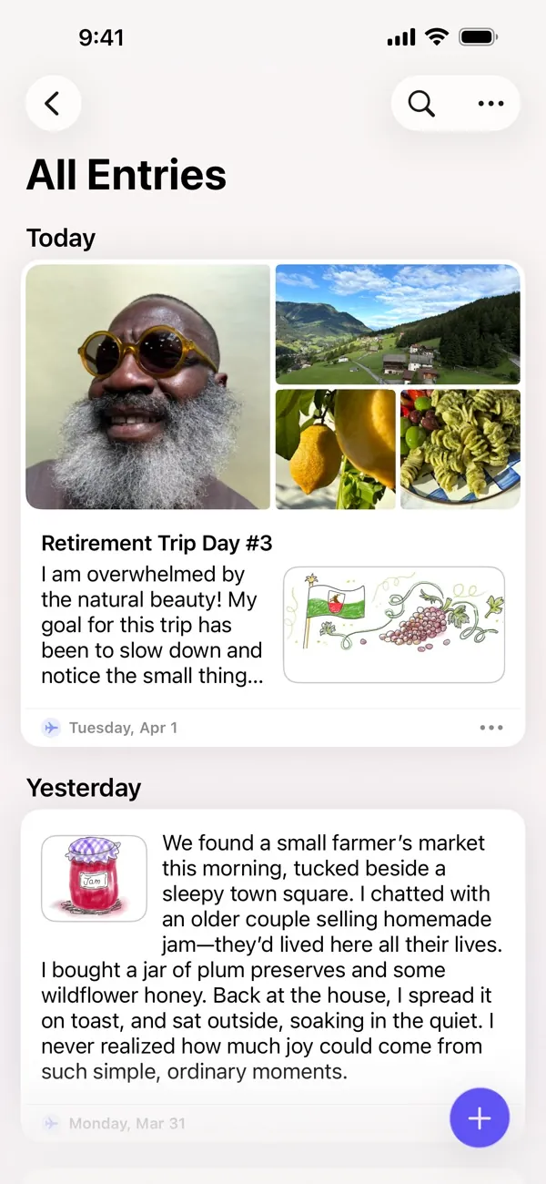 Apple Journal entry list with text, photos and attachments.