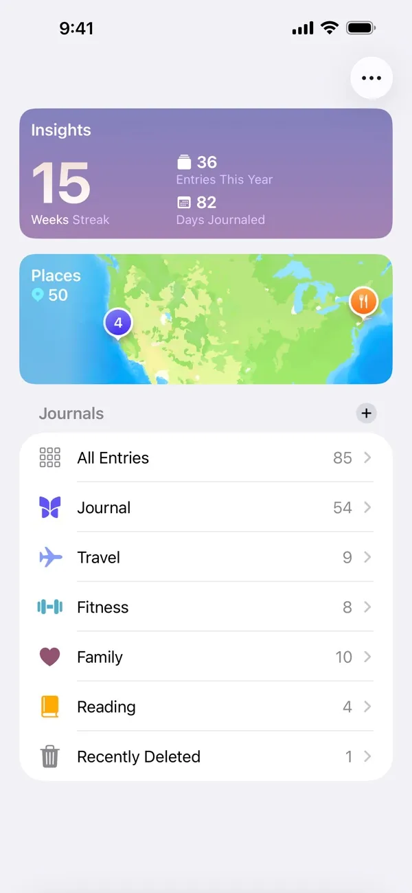 Apple Journal sidebar with journals and writing insights.
