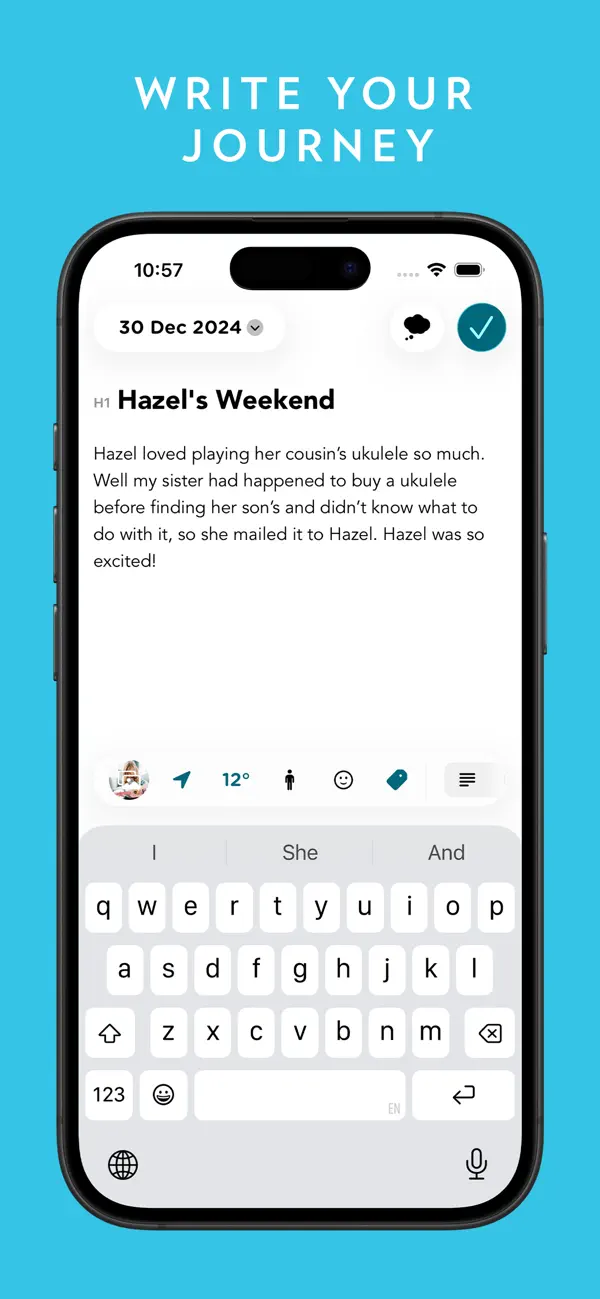 Journey entry editor with a photo and formatted writing.