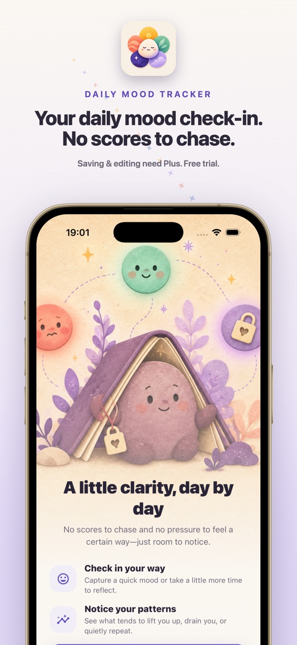Mood Check-In introduction with daily mood check-in options.