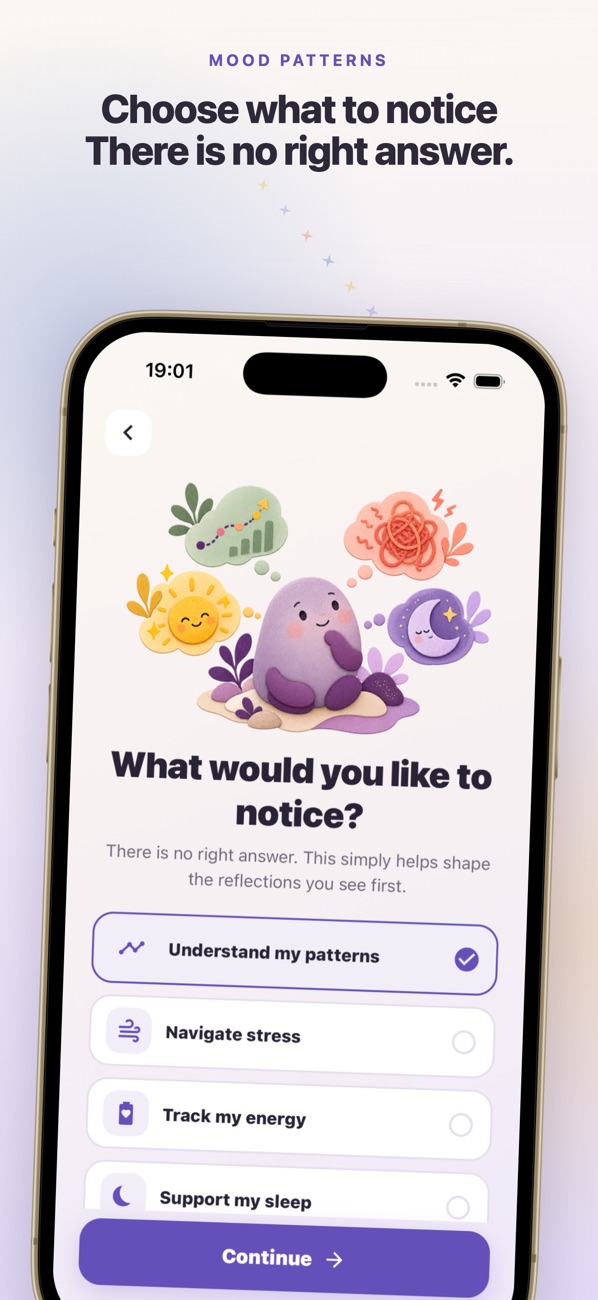 Mood Check-In setup asking which patterns the user wants to notice.