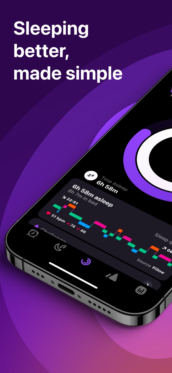 Pillow sleep analysis screen with sleep rings and overnight charts.