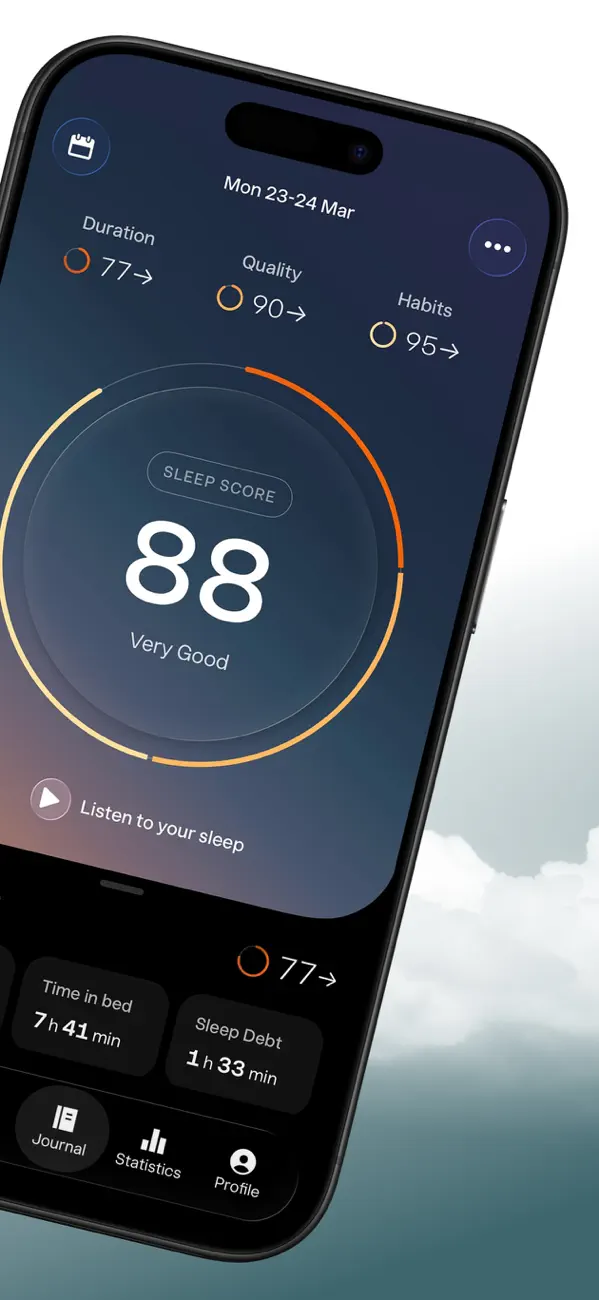 Sleep Cycle sleep-score dashboard with duration, quality, habits and time-in-bed values.