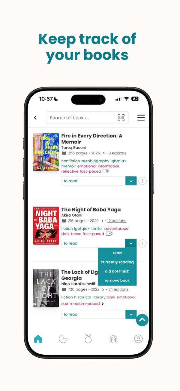 The StoryGraph book list and reading progress.