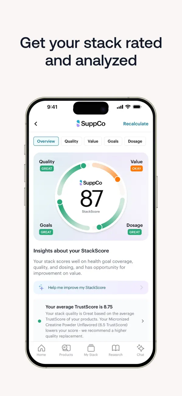 SuppCo stack analysis screen with a proprietary score and nutrient information.
