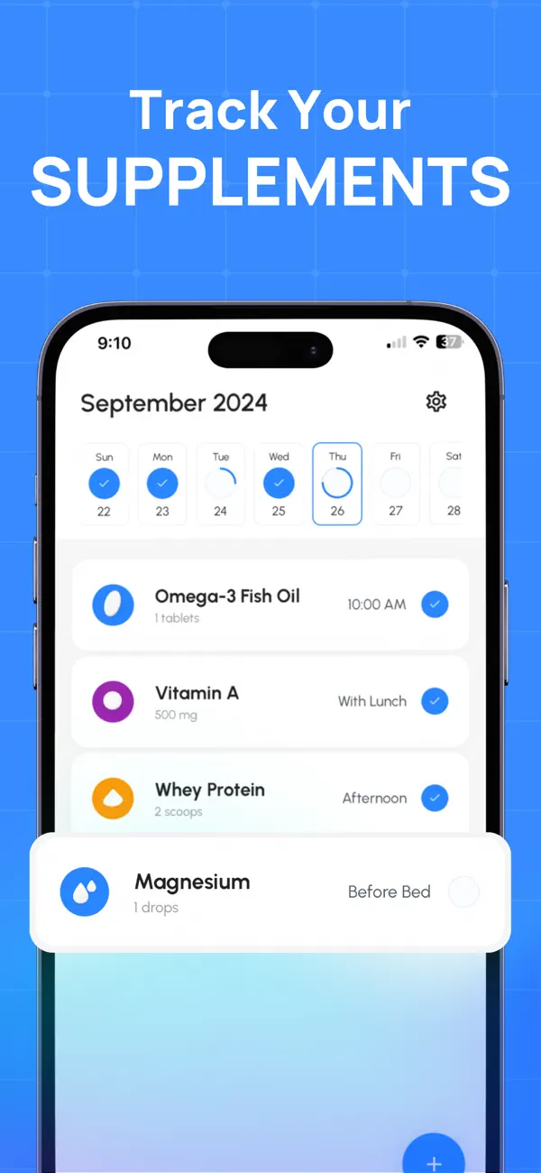 Supplify daily supplement list with intake controls.