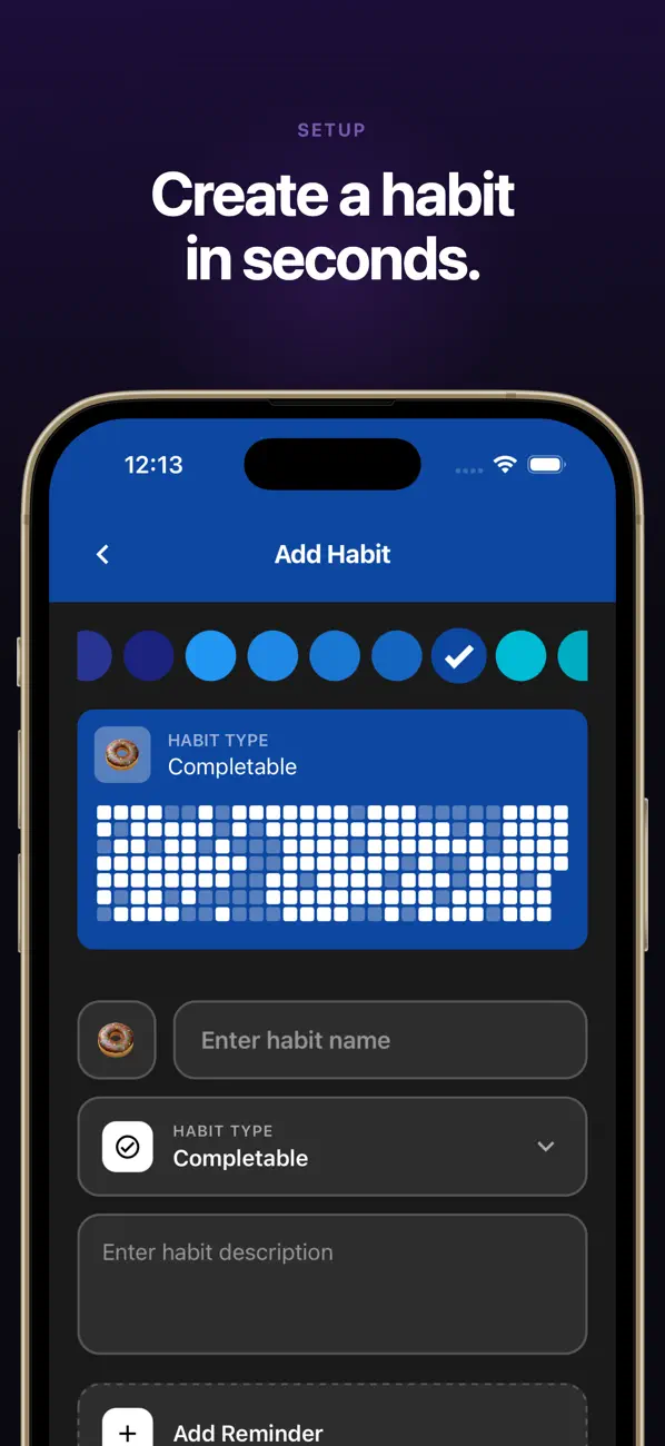 HabitBox Add Habit screen with a name field, habit type, colour selection and Add Reminder control.